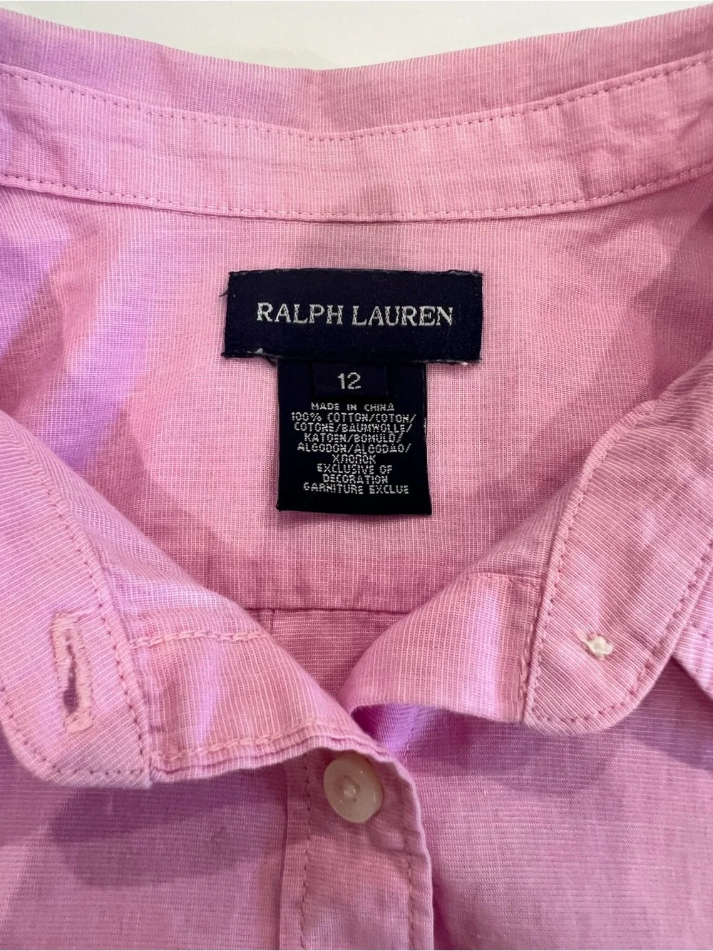 Ralph Lauren Girls Pink Cotton Button Front Blouse Size 12 Pleated Back